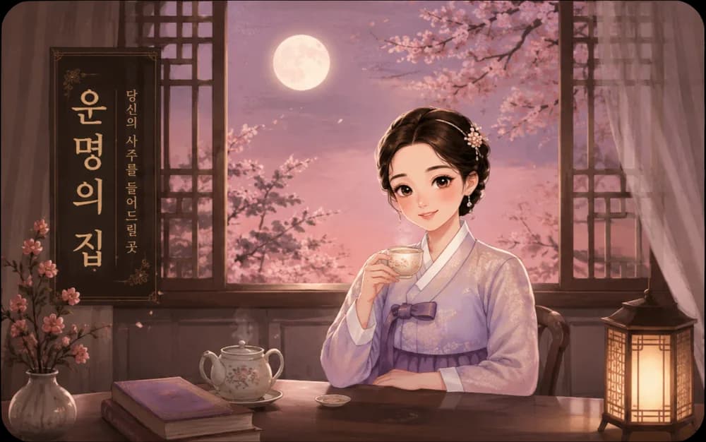운명의 집 — 달빛 비치는 창가에서 한복을 입은 집사가 차를 내어주는 그림