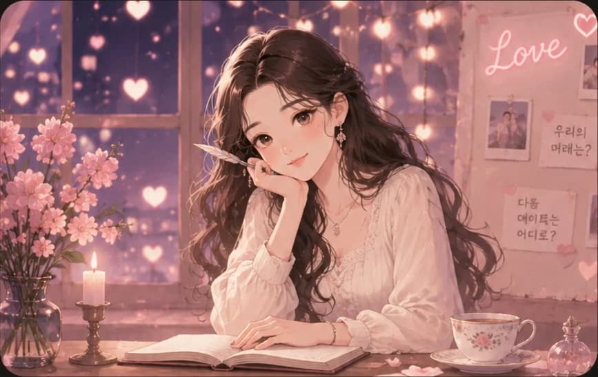 창가에서 차와 책을 곁에 두고 연애운을 봐주는 다정한 분위기의 그림